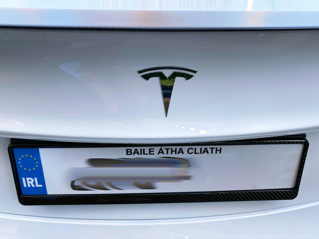 Carbon Fiber Euro license plate frame on Tesla Model 3 Performance
