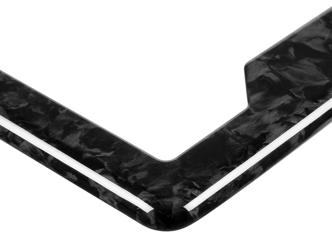 Forged Carbon Fiber License Plate Frame - 2 Holes Angled Bottom with license plate, up close