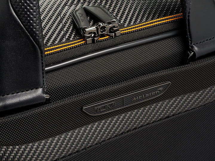 TUMI x McLaren Quantum carbon fiber duffel bag, close up